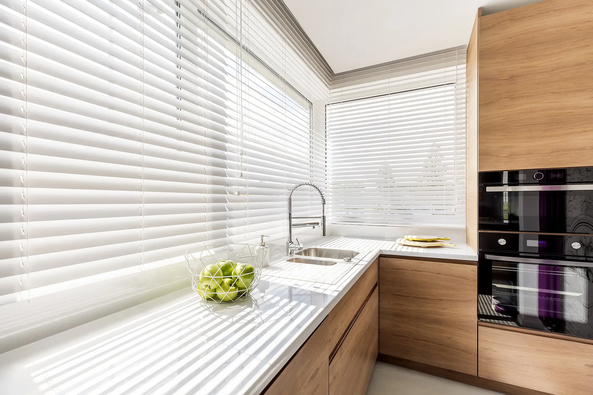 kitchen with white blinds